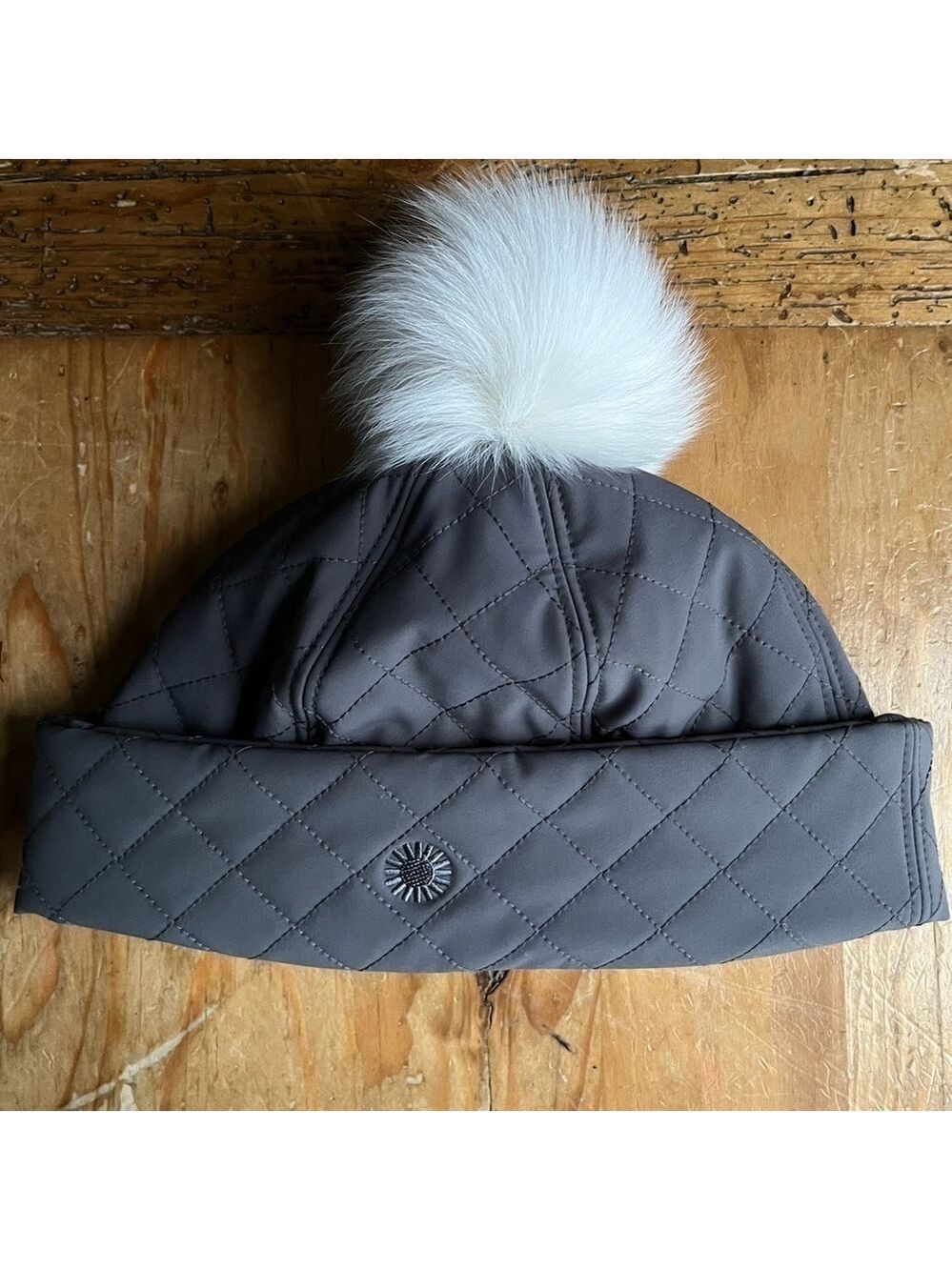 NWOT UGG fabric Quilted Pom Pom Hat Beanie Water Resistant Gray White O/S